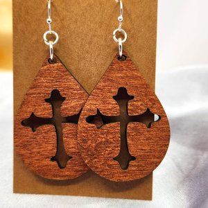 Handmade baltic birch wood Cross Earrings, New, Laser cut and stained.